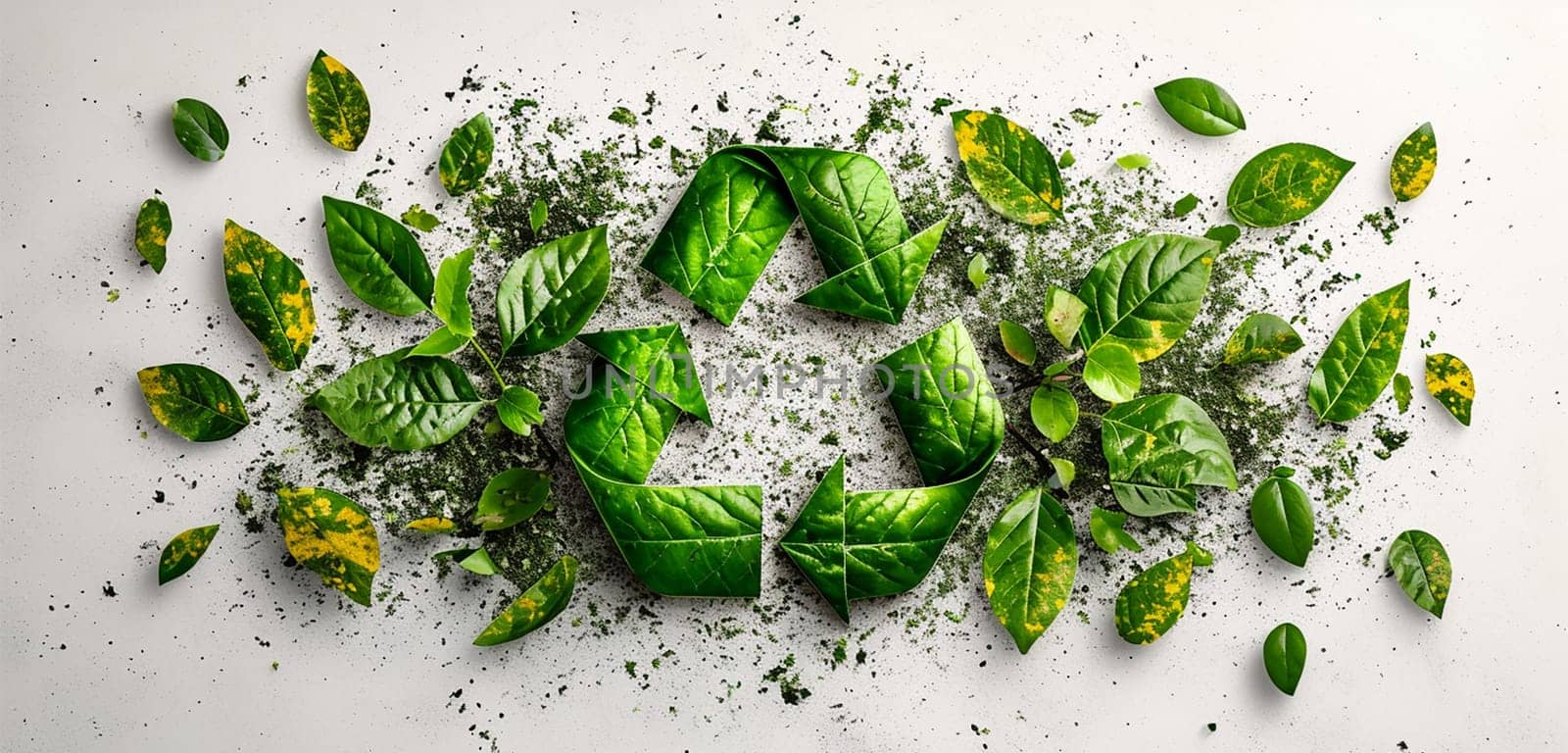 Recycle sign with green leaves. Biodegradable recyclable plastic free package icon. Bio recyclable degradable label logo template Copy space by Annebel146