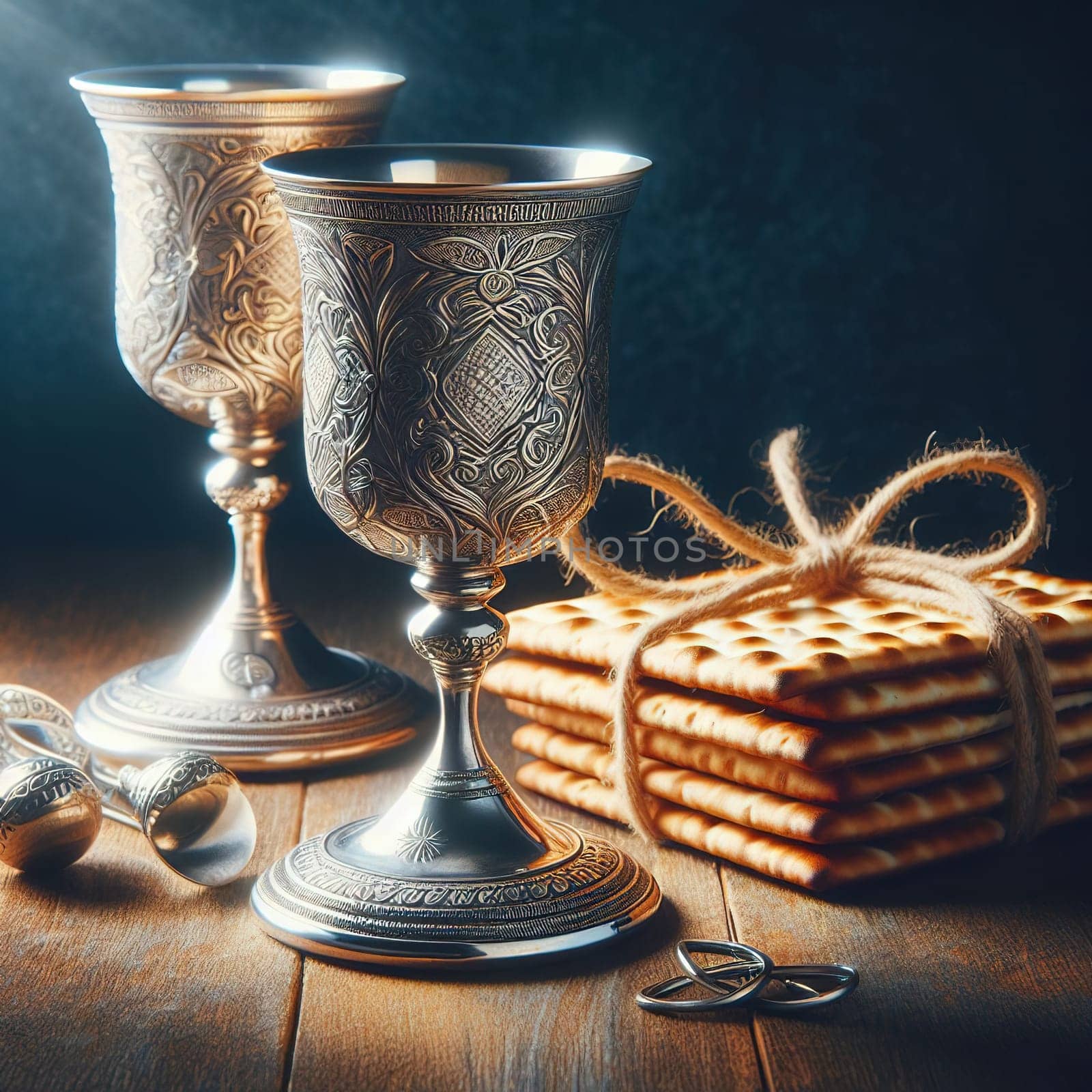 Jewish matzah and silver cups. Generative AI. High quality illustration