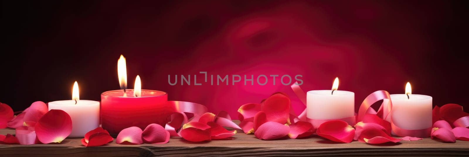 St. Valentines day, wedding banner with abstract illustrated red, pink rose petals, ribbons, candles on dark background. Use for cute love sale banner, print, greeting card. Concept love, copy space. by Angelsmoon