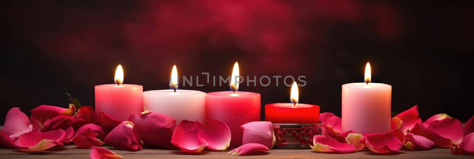 St. Valentines day, wedding banner with abstract illustrated red, pink rose petals, candles on dark background. Use for cute love sale banner, print, greeting card. Concept love, copy space. by Angelsmoon