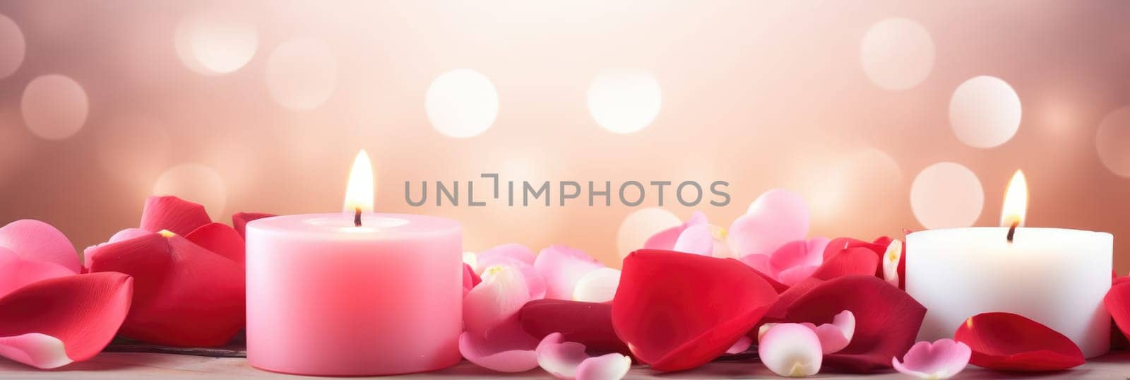 St. Valentines day, wedding banner with abstract illustrated red, pink rose petals, candles on pink background. Use for cute love sale banner, print, greeting card. Concept love, copy space