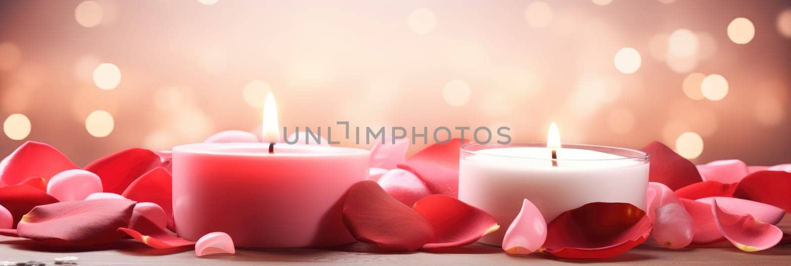 St. Valentines day, wedding banner with abstract illustrated red, pink rose petals, candles on pink background. Use for cute love sale banner, print, greeting card. Concept love, copy space. by Angelsmoon