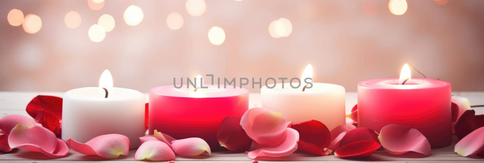 St. Valentines day, wedding banner with abstract illustrated red, pink rose petals, candles on pink background. Use for cute love sale banner, print, greeting card. Concept love, copy space. by Angelsmoon