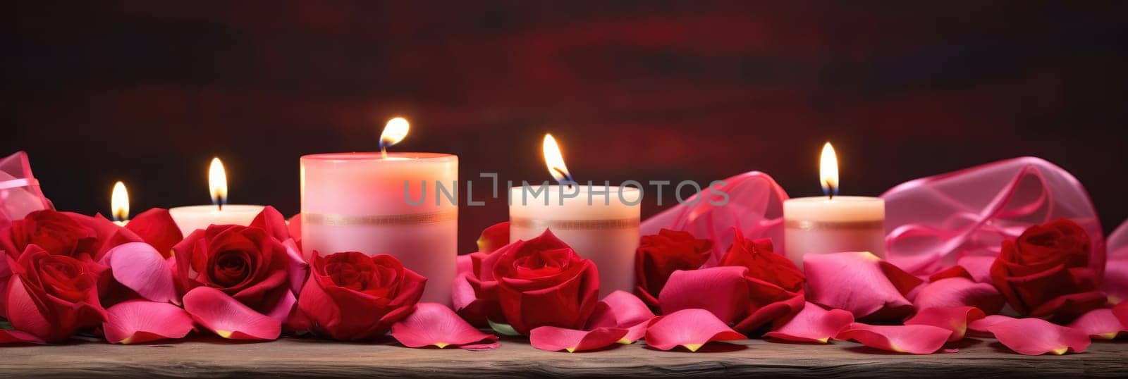 St. Valentines day, wedding banner with abstract illustrated red, pink rose petals, candles, roses on dark background. Use for cute love sale banner, print, greeting card. Concept love, copy space