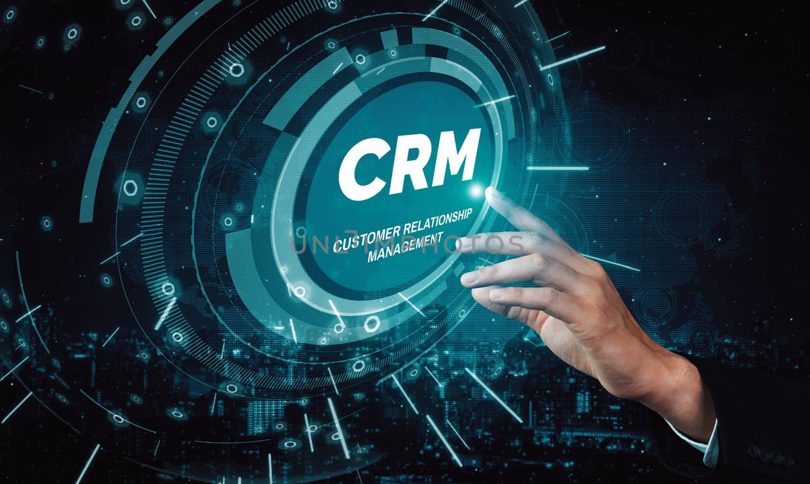 CRM Customer Relationship Management for business sales marketing system concept presented in futuristic graphic interface of service application to support CRM database analysis. uds