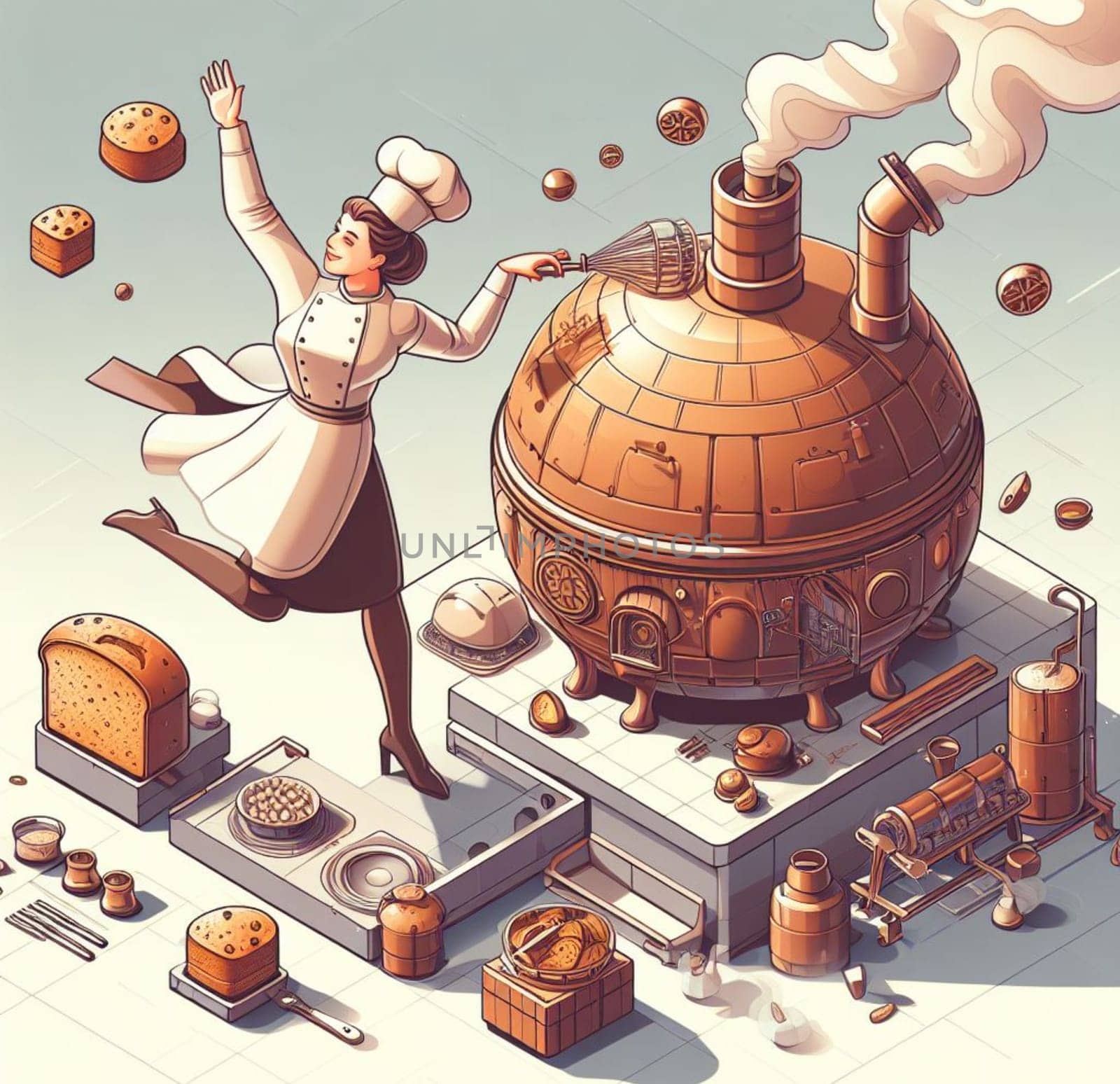 glamourous chef in steampunk kitchen with windiwn natural light cooking posing dancing singing illustration generative ai art