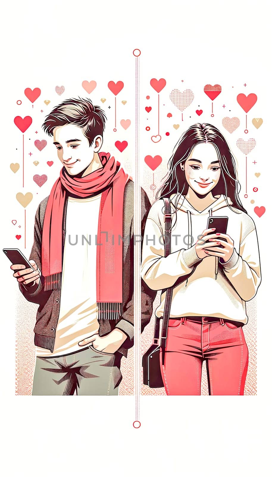 online dating site, young man and woman standing side by side, both holding smartphones and smiling at their screens, vertical
