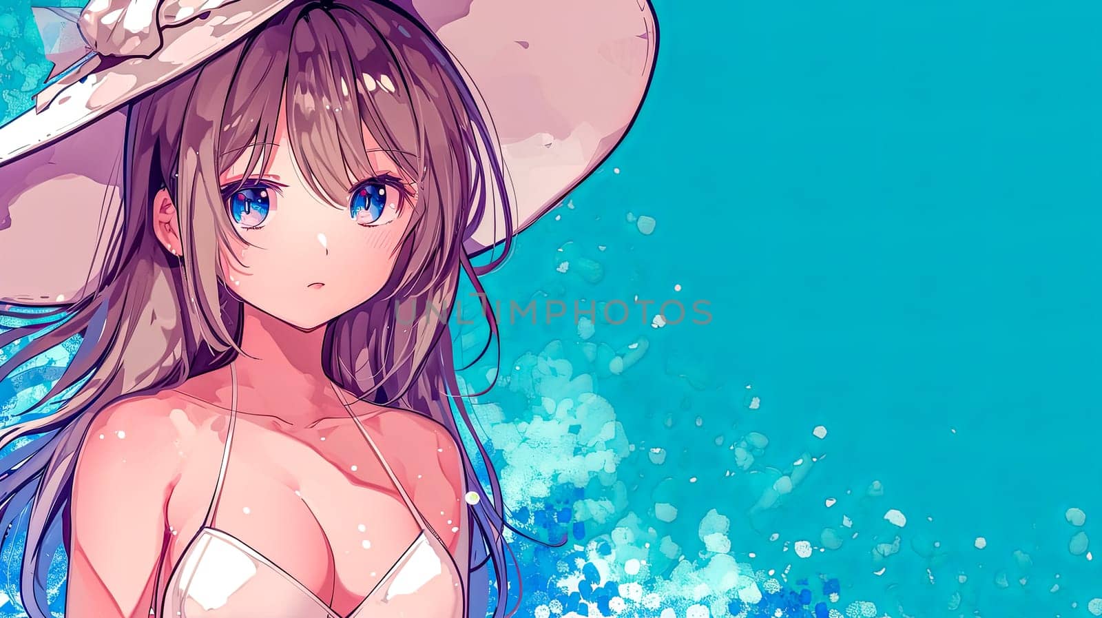 anime style illustration featuring a character with striking blue eyes and long hair, wearing a sun hat and a white bikini, with a blue, watercolor-like backdrop suggesting a beach or poolside theme by Edophoto
