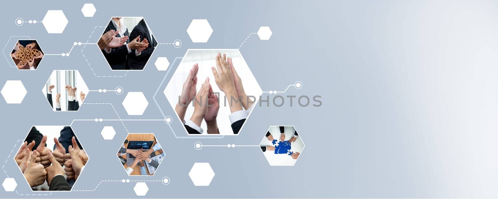 Teamwork and human resources HR management technology concept in corporate business with people group networking to support partnership, trust, teamwork and unity of coworkers in office kudos