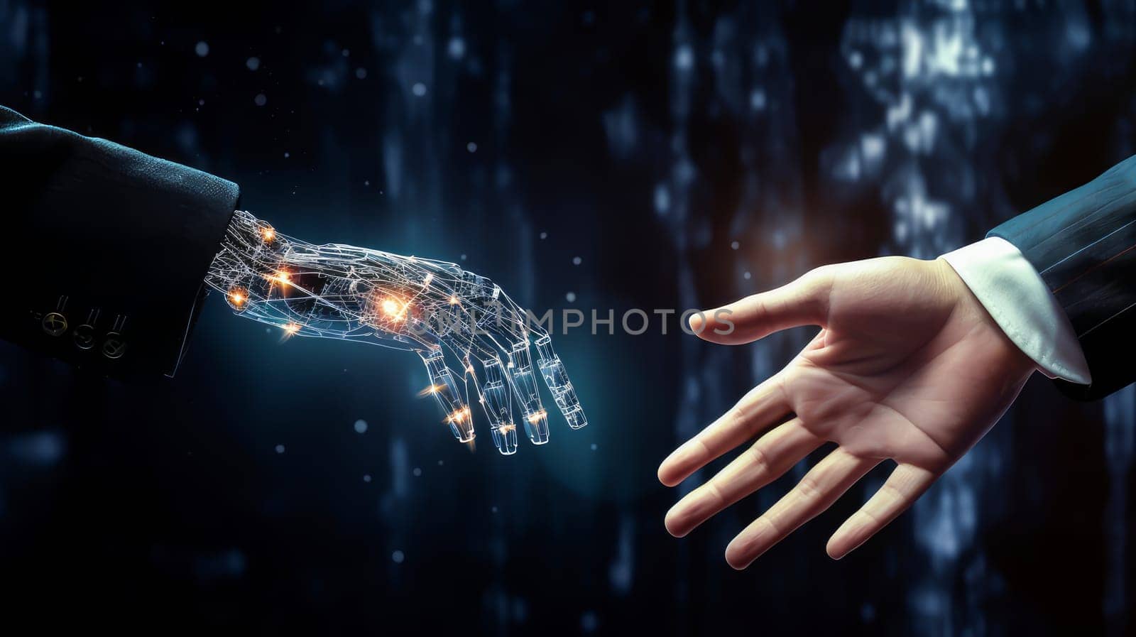 Artificial Intelligence Machine Learning Robot Hands and Human Touch. Big data and transmission protocol system. Robotics or artificial intelligence artificial intelligence connecting human interaction. Chatbot software