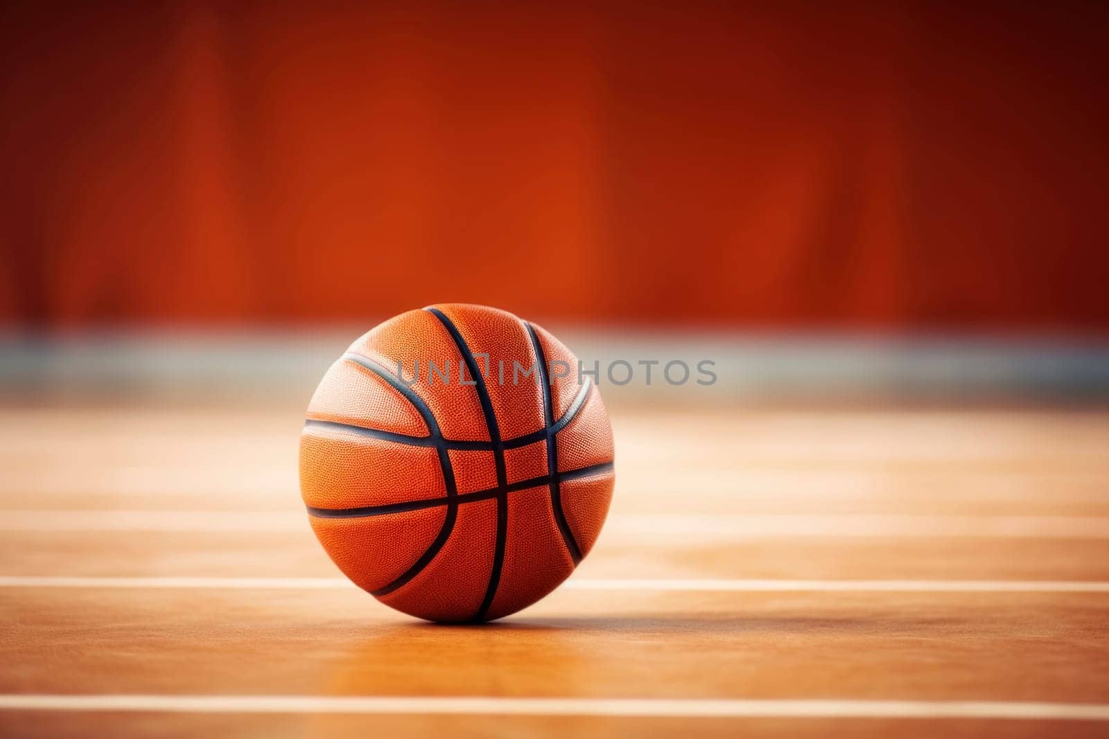 Basketball on Glossy Hardwood Court Floor by andreyz
