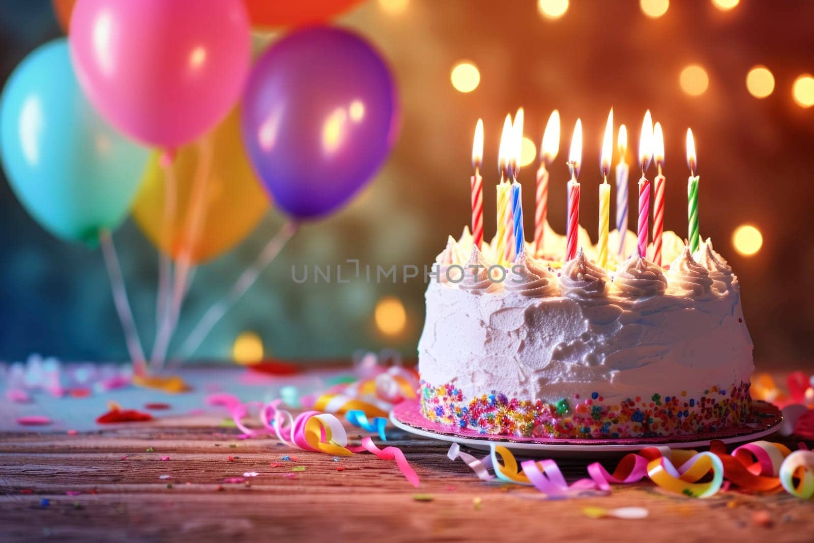 Birthday background with birthday cake with birthday candles and colorful balloon. Birthday card.
