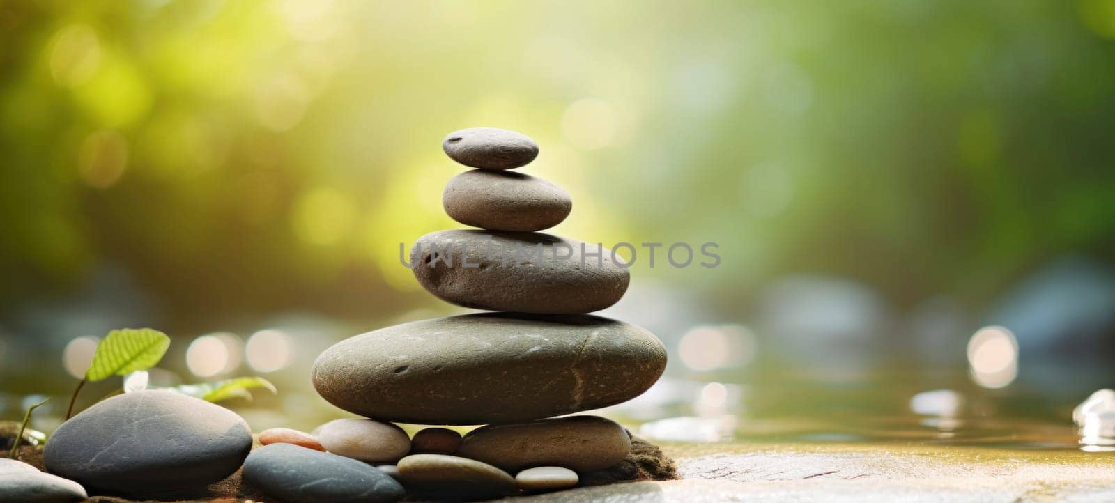 A harmonious stack of smooth river stones in a tranquil natural setting, with a soft focus on a green, sunlit background, evoking a sense of balance and calm.