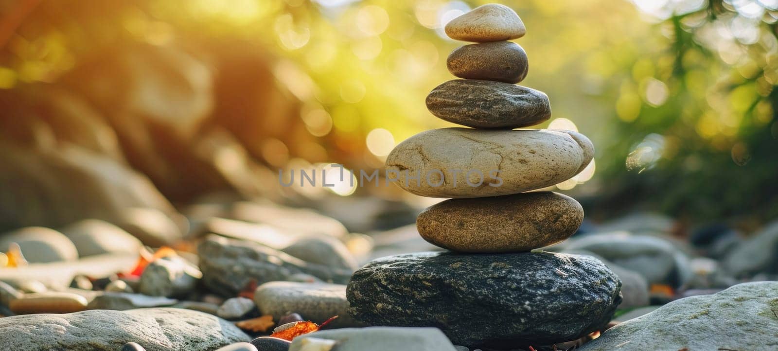 A stack of balanced stones on a mossy rock, creating a Zen-like natural scene with a warm sun flare in the background, symbolizing peace and mindfulness.