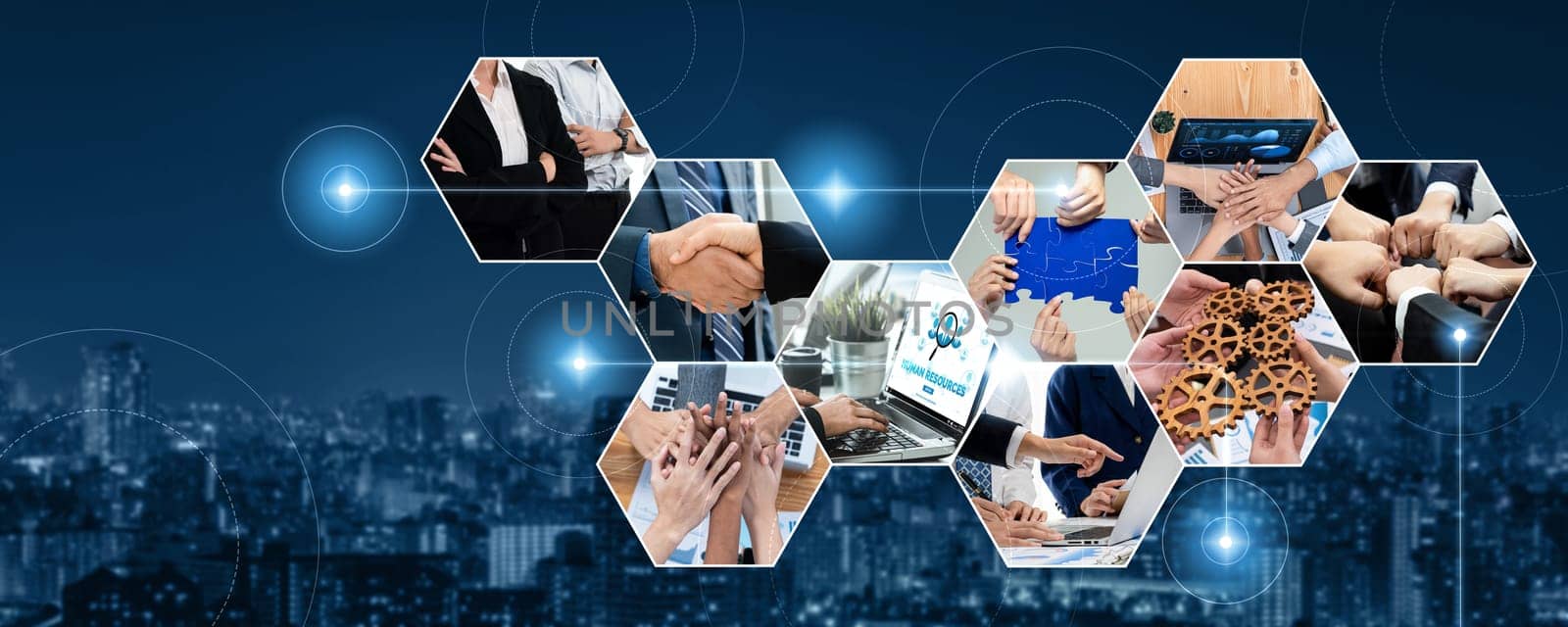 Teamwork and human resources HR management technology concept in corporate business with people group networking to support partnership, trust, teamwork and unity of coworkers in office kudos