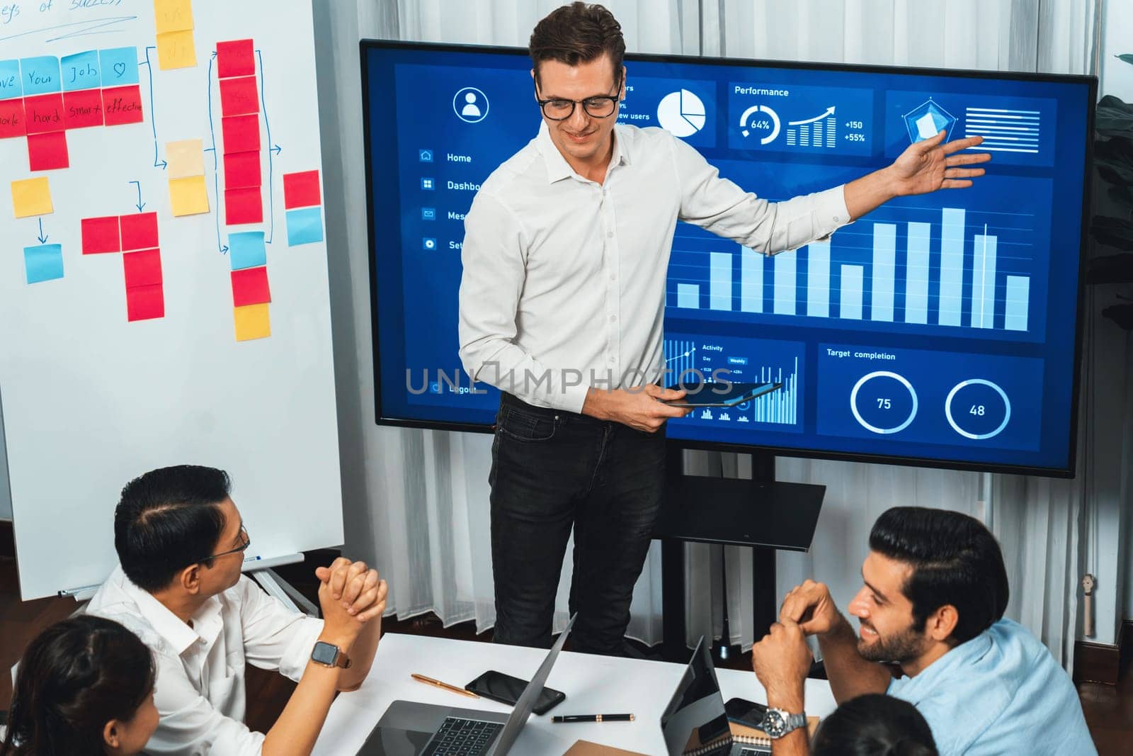 Presentation in office or meeting room with analyst team utilizing BI Fintech to analyze financial data. Businesspeople analyzing BI dashboard power display on TV screen for strategic planning.Prudent