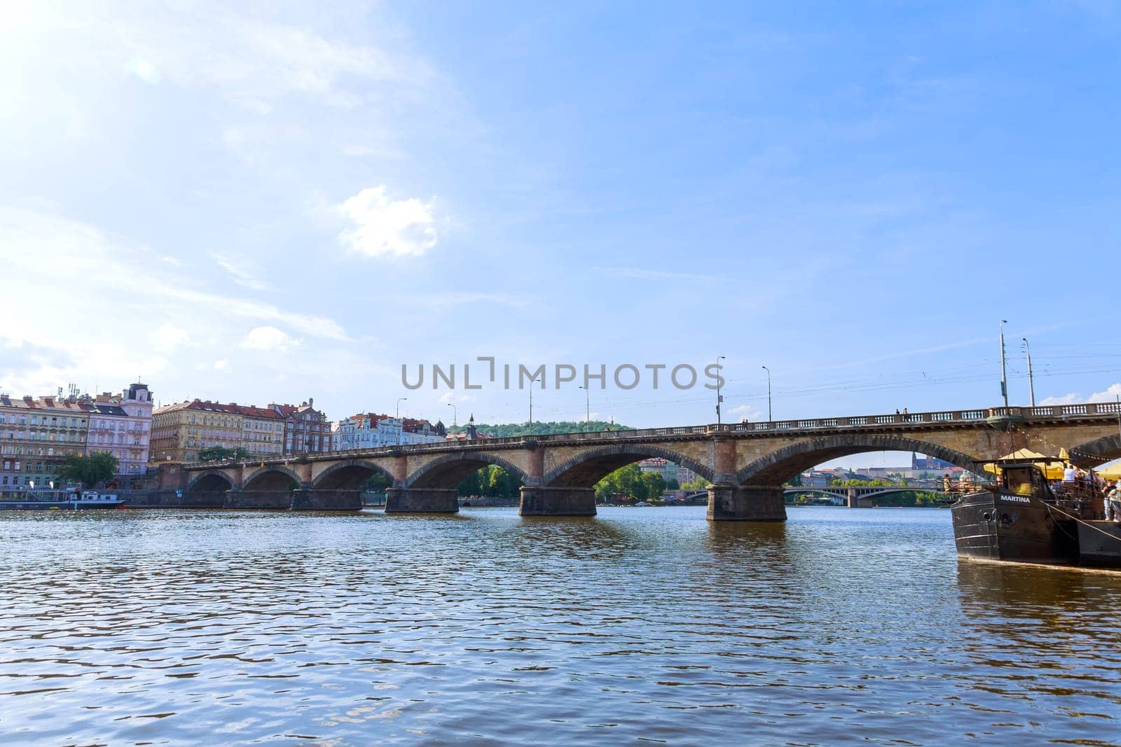 22 May 2022 Prague, Czech Republic. View of the transport bridge over the Vltava River in Prague, Czech Republic.