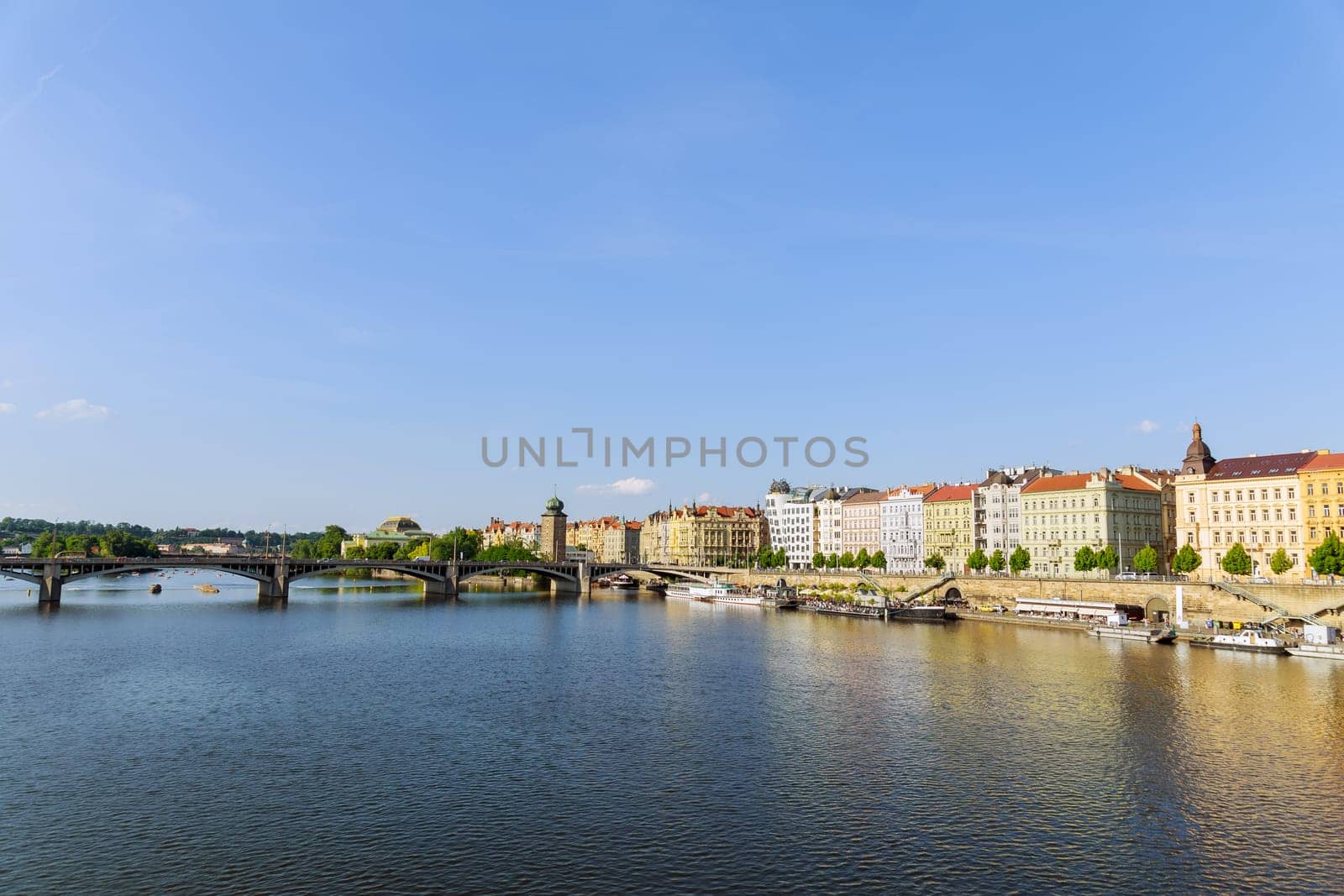 22 May 2022 Prague, Czech Republic. Vltava River flows through heart of Prague, enhancing its scenic beauty. Prague, capital of Czech Republic, is renowned for its stunning architecture.