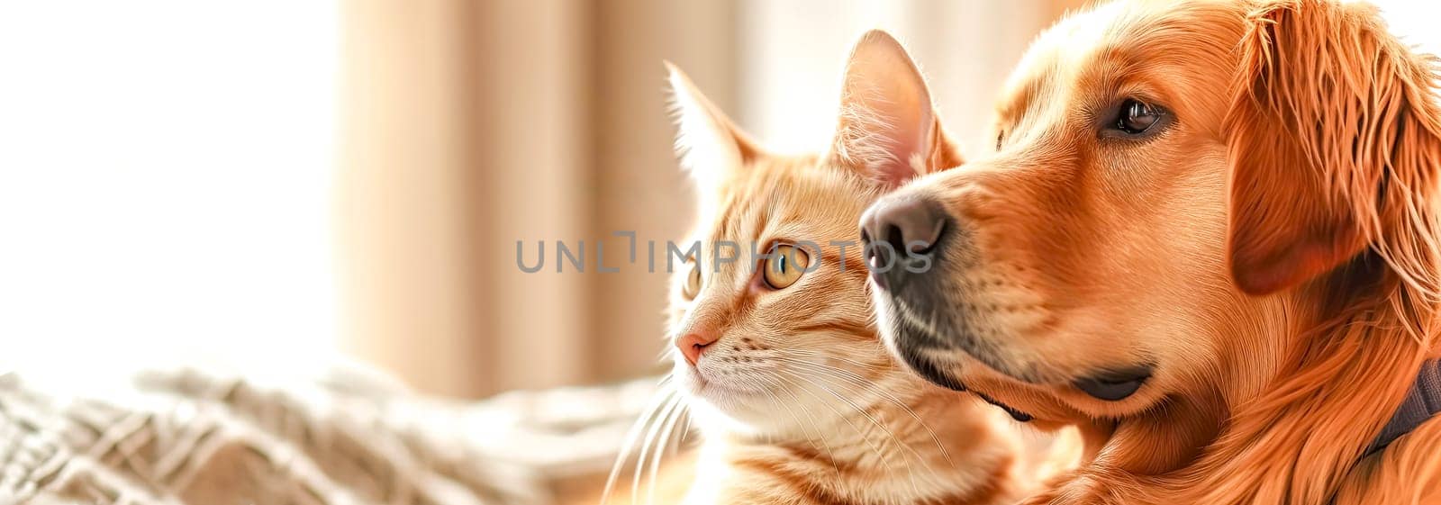 ginger tabby cat and a golden retriever dog side by side in a warm, intimate setting, suggesting a peaceful coexistence and friendship between two different animal species. banner with copy space