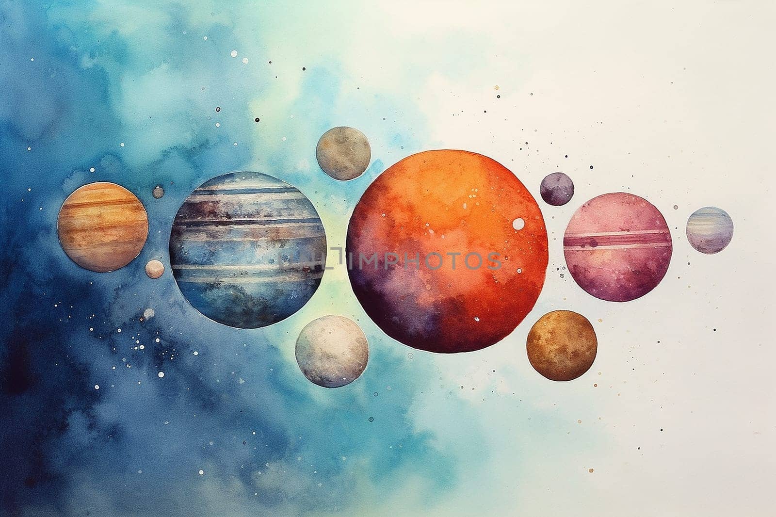Watercolor painting of various planets and celestial bodies.