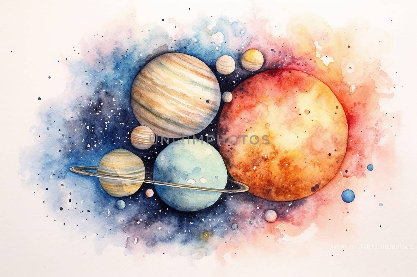 Watercolor painting of five planets