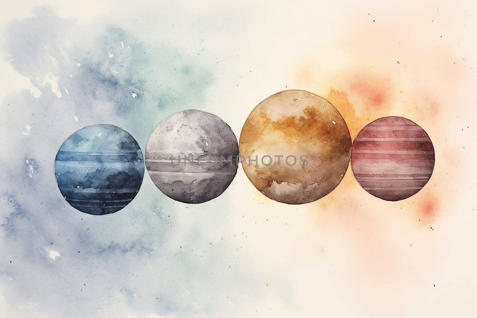 Watercolor painting of five planets