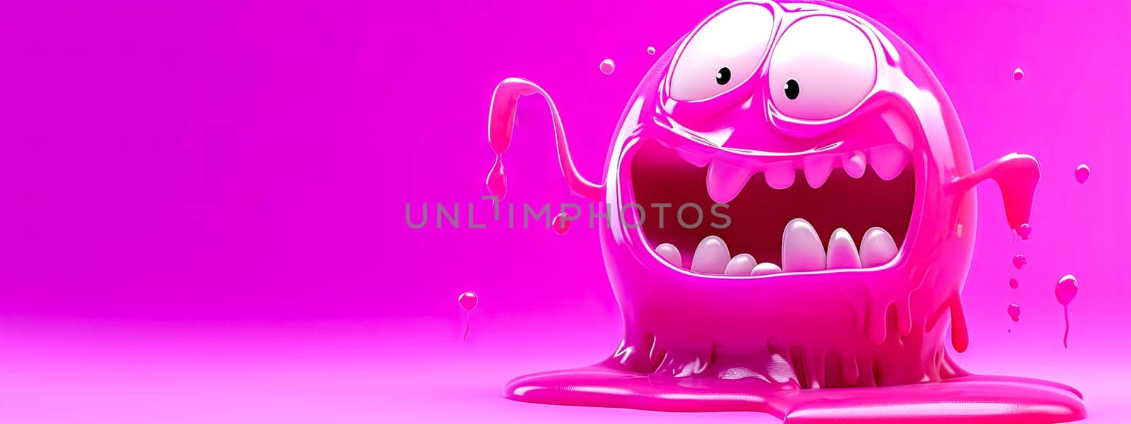 pink gelatinous cartoon character with oversized eyes and an open mouth, conveying a playful and zany expression against a solid background, banner with copy space
