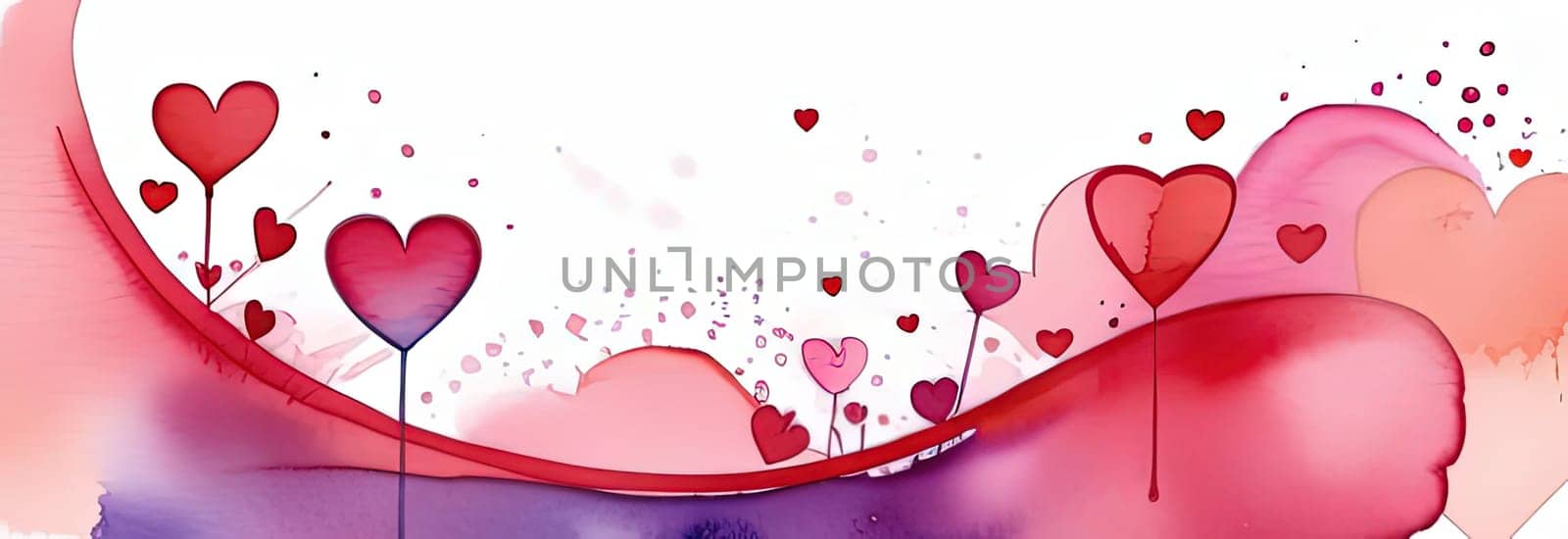 Valentines day watercolor abstract pink, red hearts pastel background banner. Perfect for Valentines Day card, romantic themed design, voucher, greeting card, wrapping paper. Concept love. Copy space. by Angelsmoon