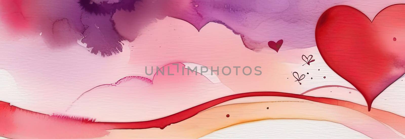 Valentines day watercolor abstract pink, red hearts pastel background banner. Perfect for Valentines Day card, romantic themed design, voucher, greeting card, wrapping paper. Concept love. Copy space