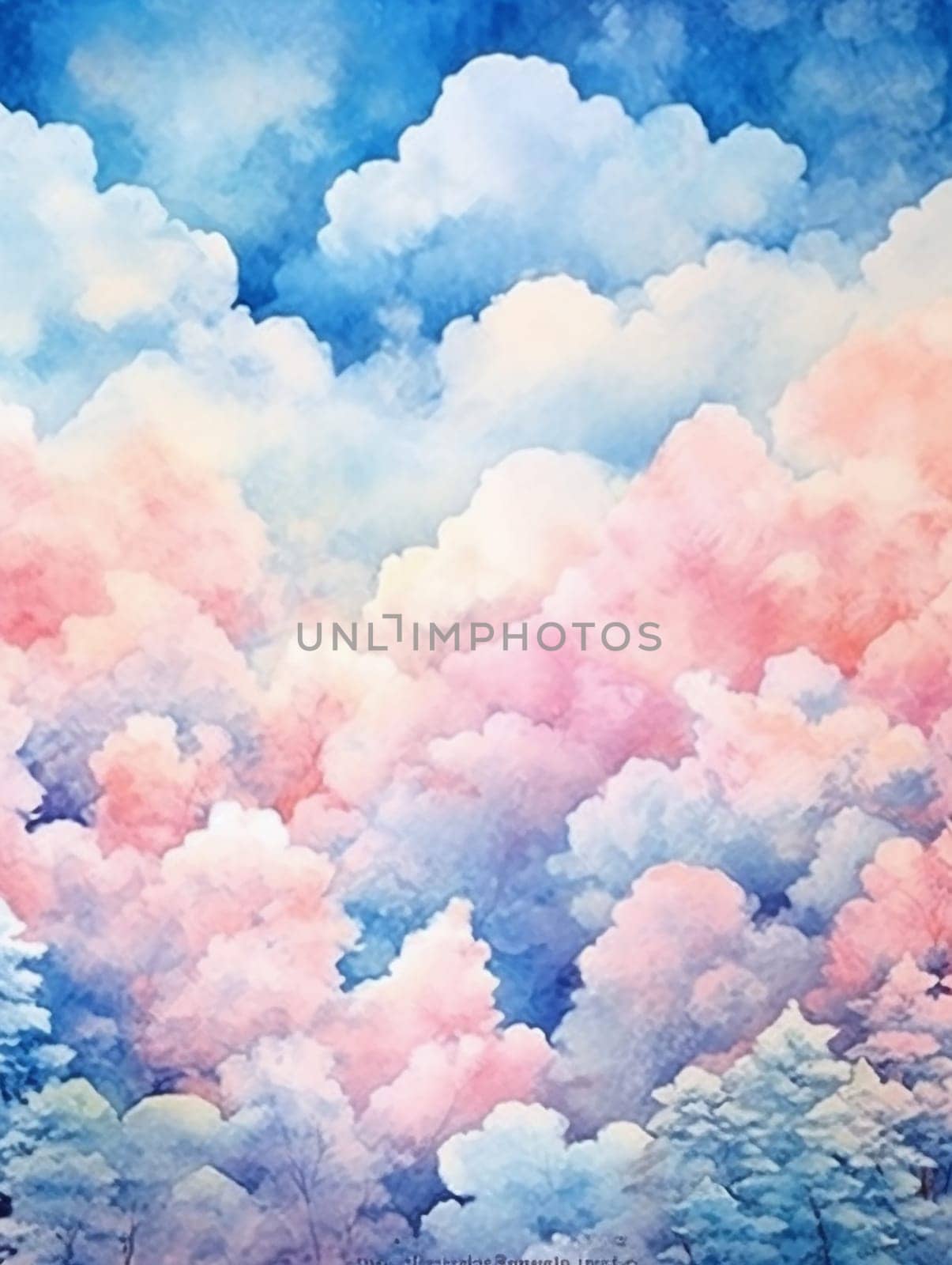 Watercolor sky with pink and blue clouds