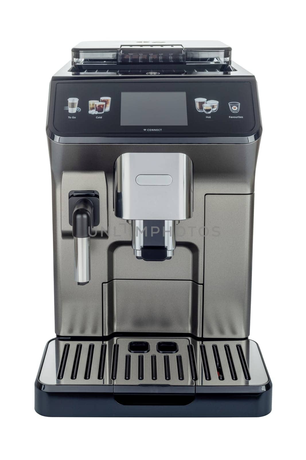 A sleek, modern coffee machine equipped with a digital touch interface and customizable settings