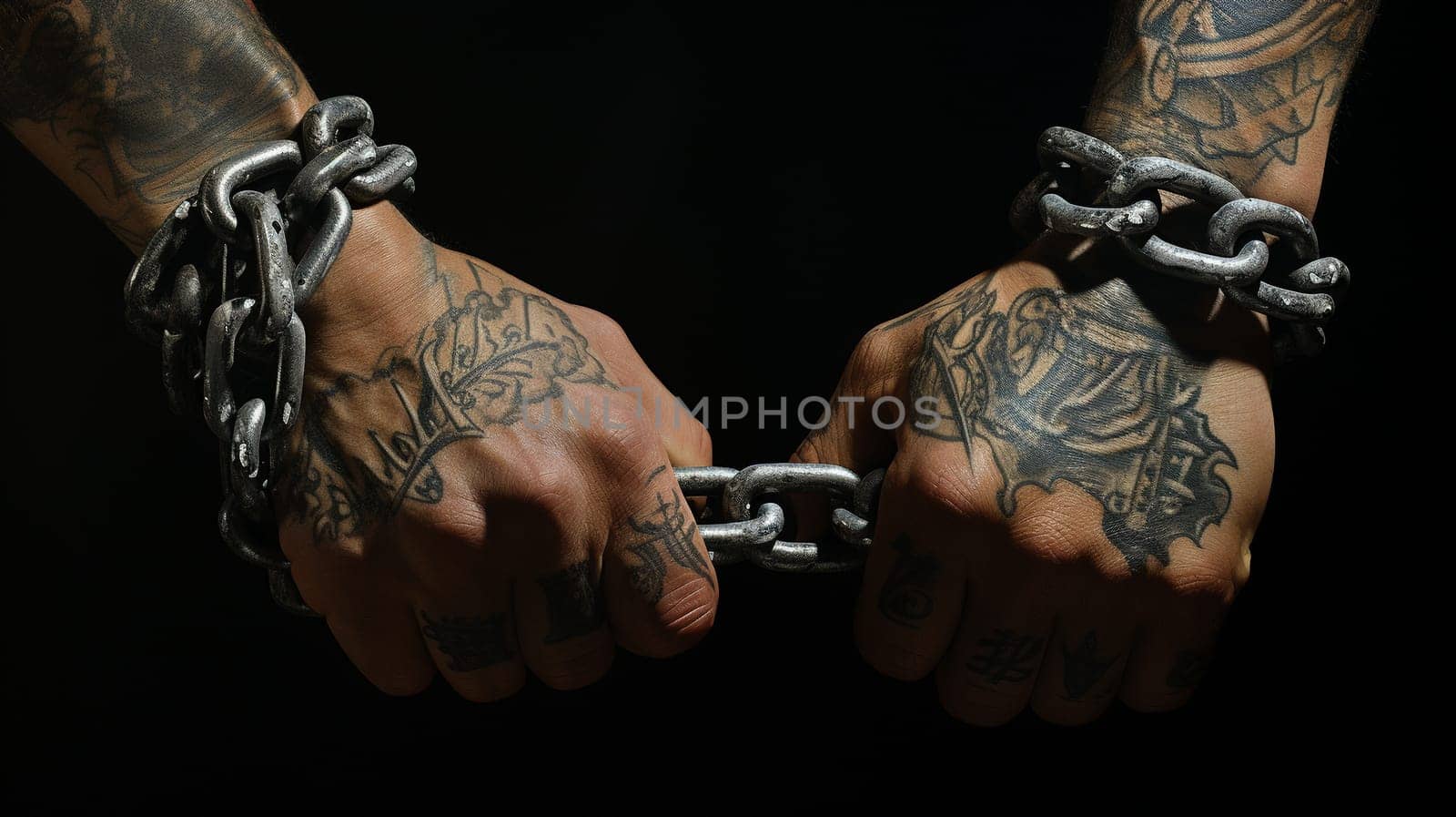 Strong arms stretch a large metal chain. High quality illustration