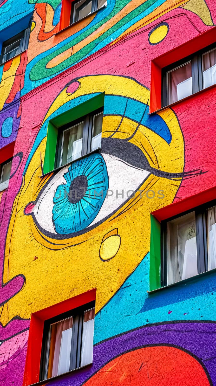 street art mural on an urban building facade, showcasing a large, colorful eye as the centerpiece surrounded by abstract shapes and patterns by Edophoto