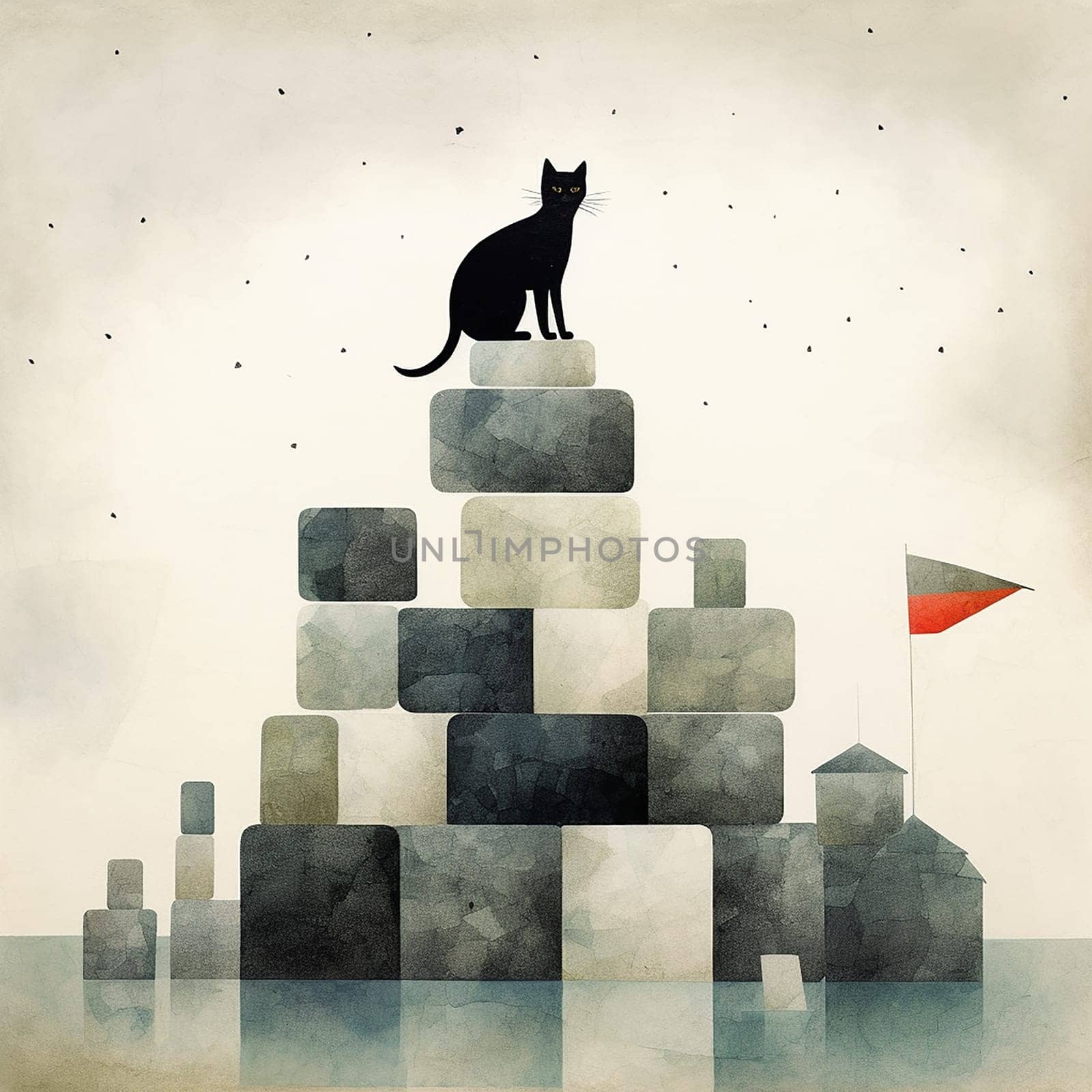 Black cat on top of abstract block structure, abstract background by Hype2art