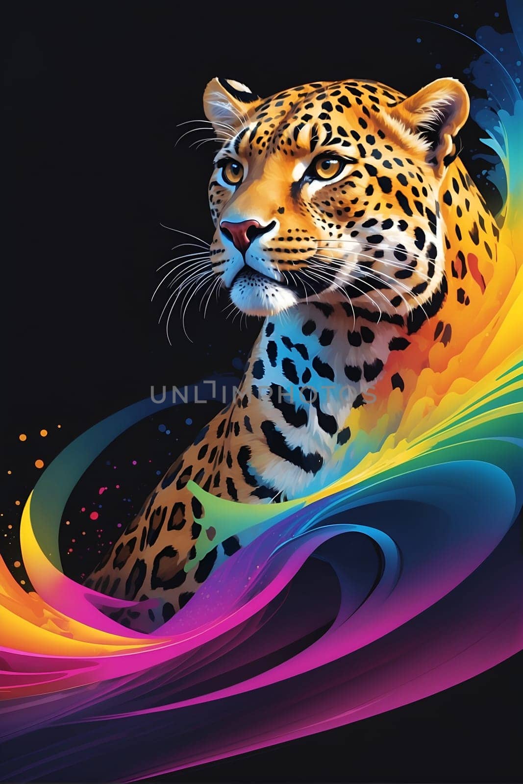 This stunning painting showcases the beauty and power of a leopard, rendered against a dramatic black background.
