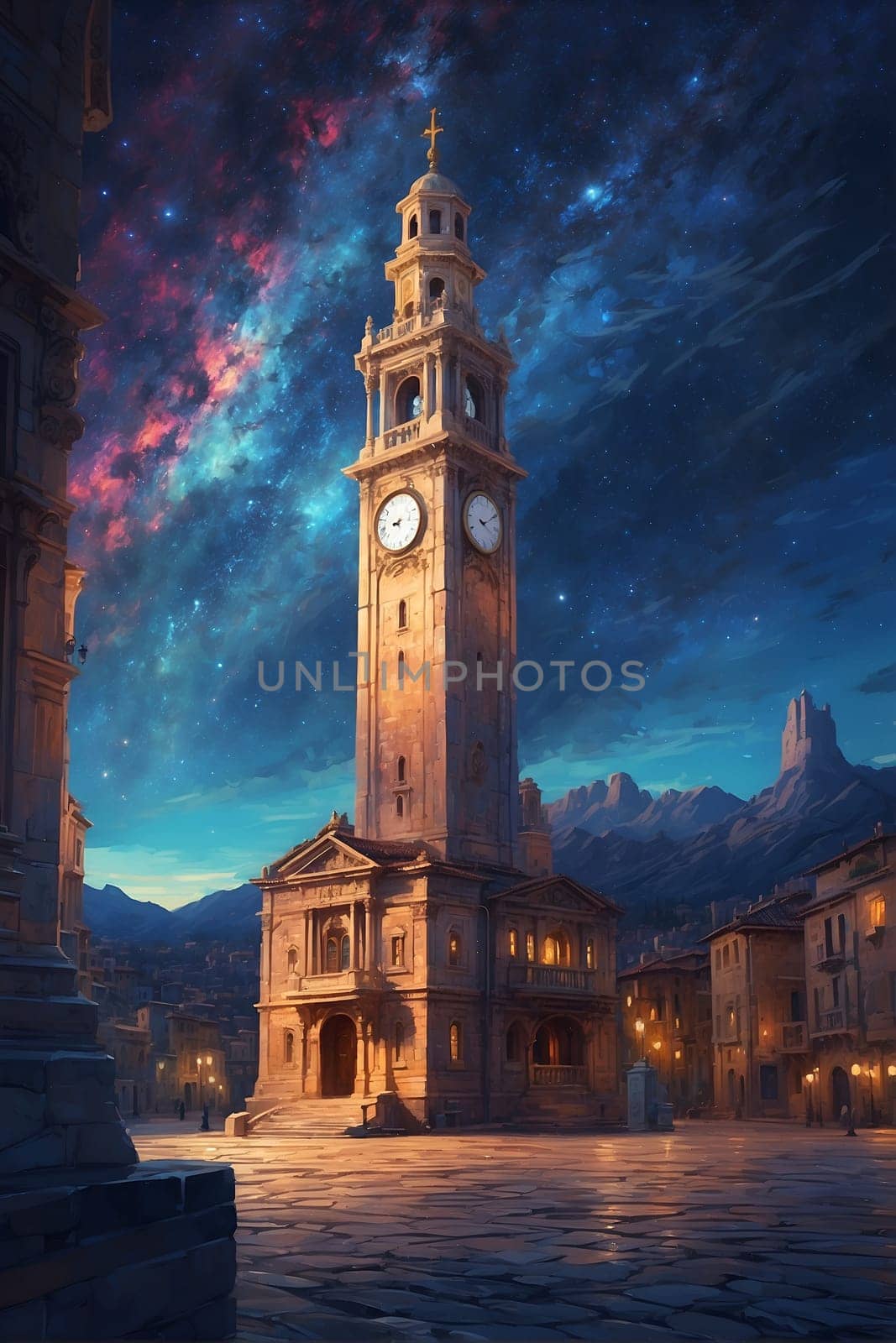 Clock Tower Painting in the Heart of a Town. Generative AI. by artofphoto