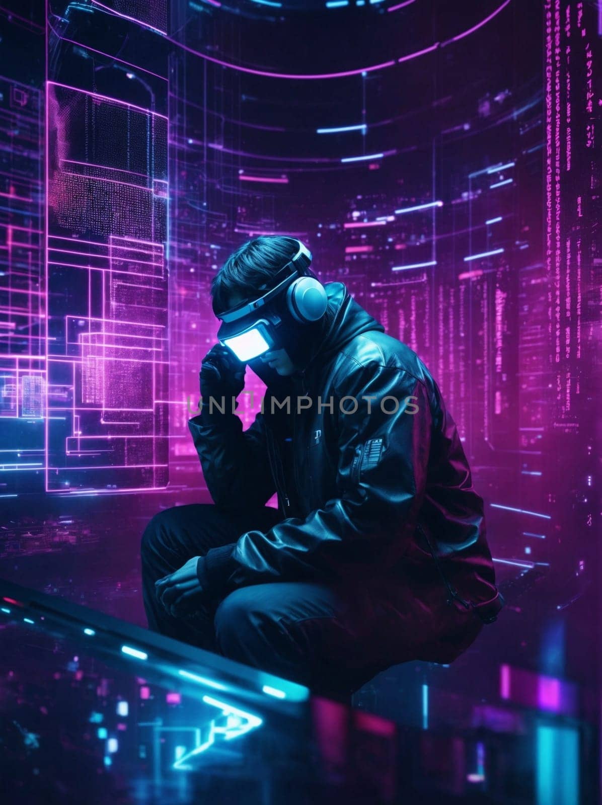 Man Sitting on Ledge in a Purple and Blue Background. Generative AI. by artofphoto