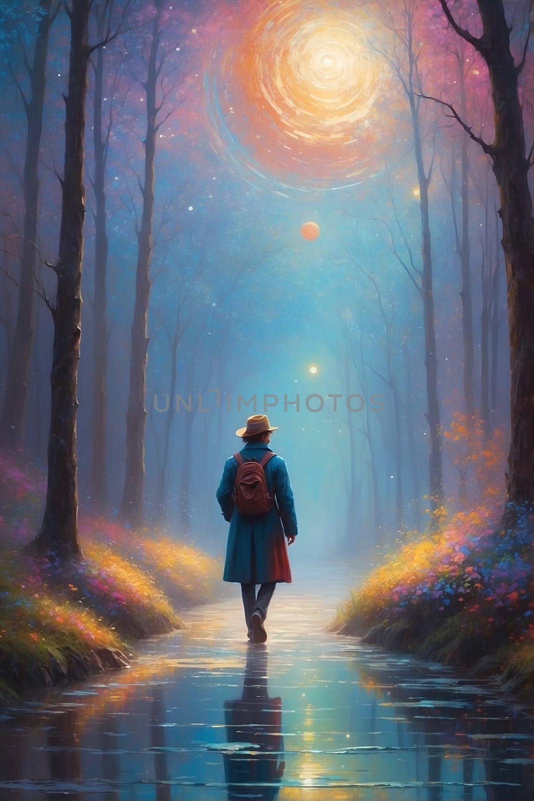 Painting of a Person Walking Down a Path in the Woods. Generative AI. by artofphoto