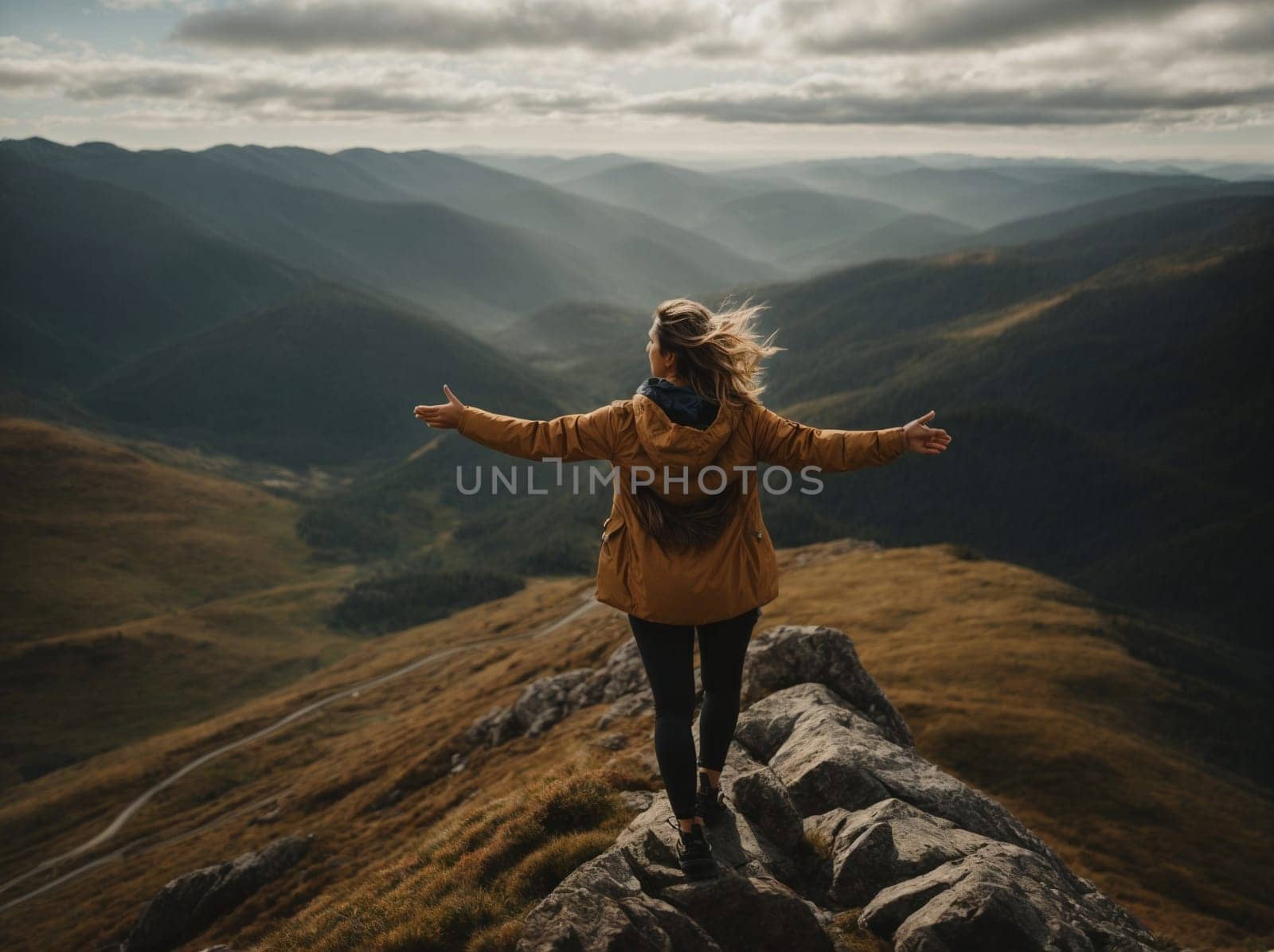 A woman stands triumphantly on the peak of a mountain, arms spread wide in a gesture of victory.