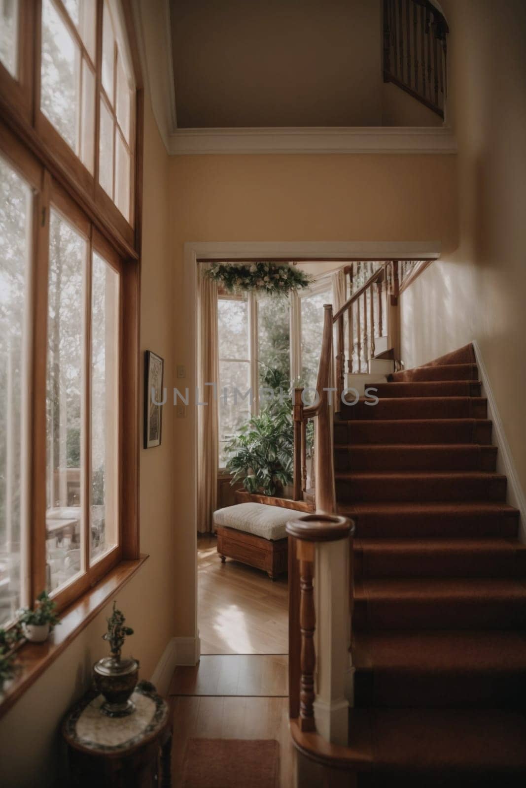 Staircase Leading to Living Room With Abundant Windows. Generative AI. by artofphoto