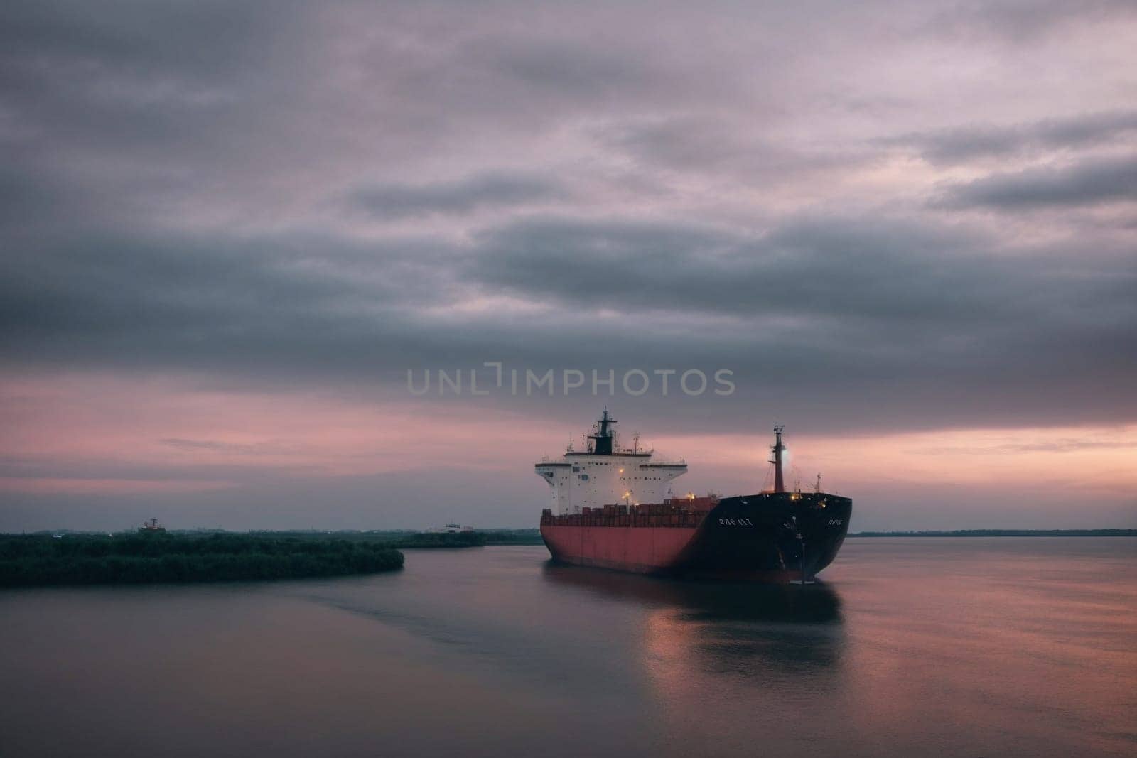 A photo of a large boat peacefully floating atop a body of water.