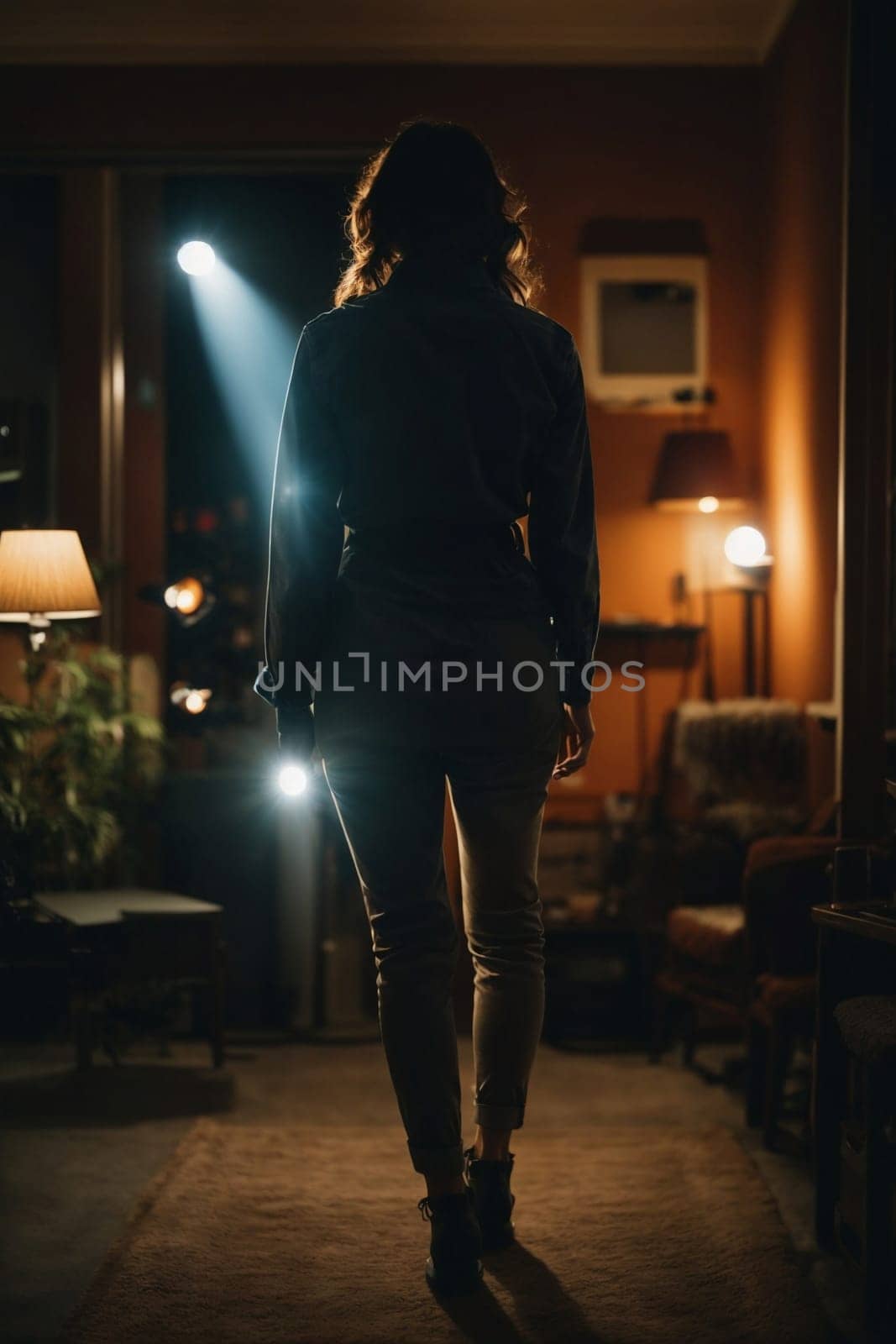 Woman Walking Through Dimly Lit Room. Generative AI. by artofphoto