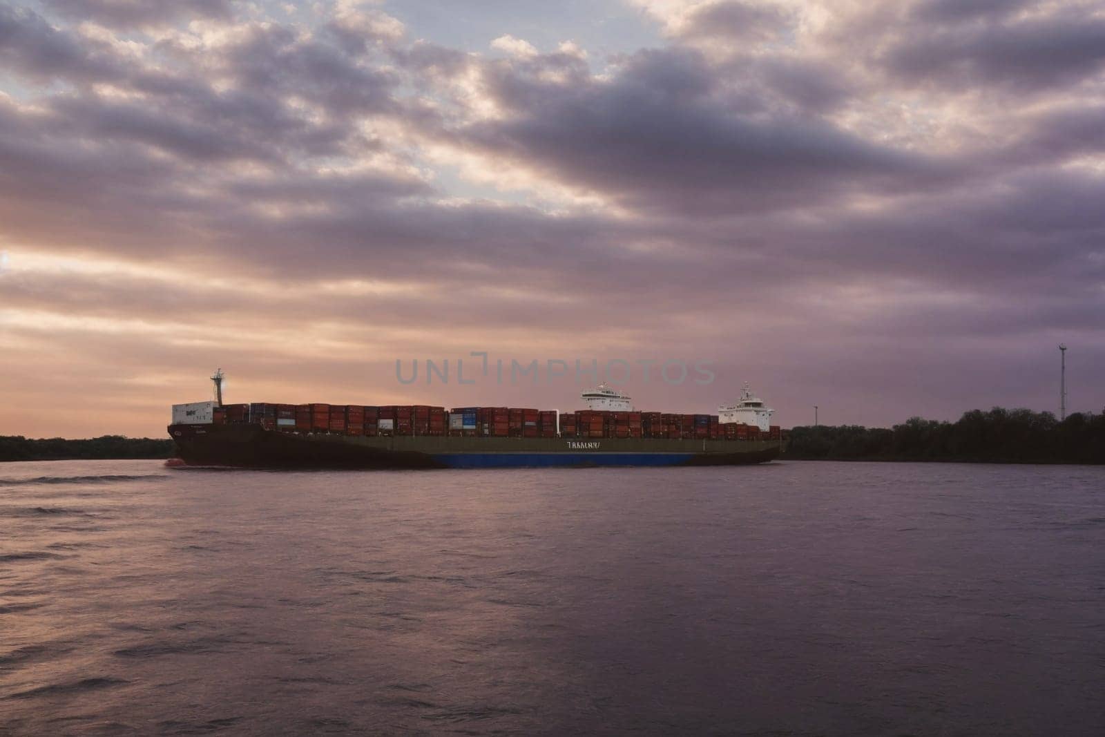 Large Cargo Ship in a Body of Water, Global Transport and Trade. Generative AI. by artofphoto