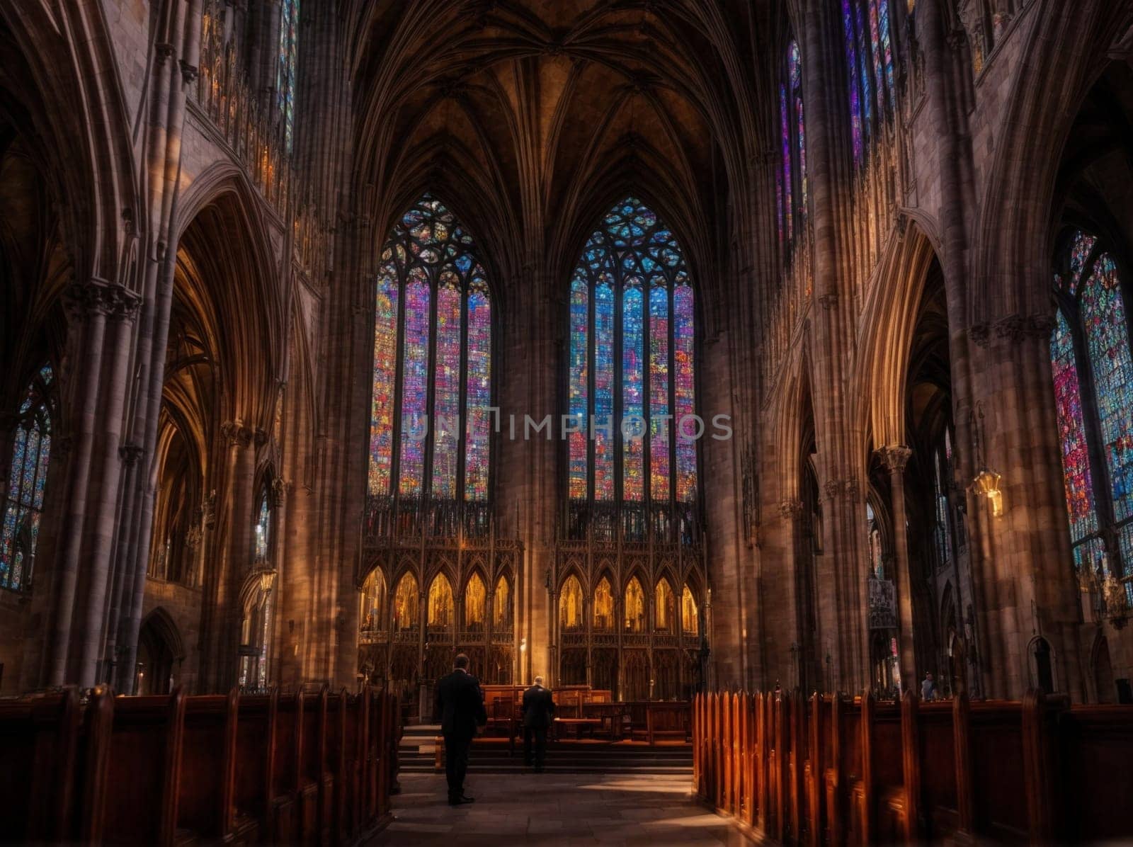 Stunning Cathedral With Stained Glass Windows and Pews. Generative AI. by artofphoto