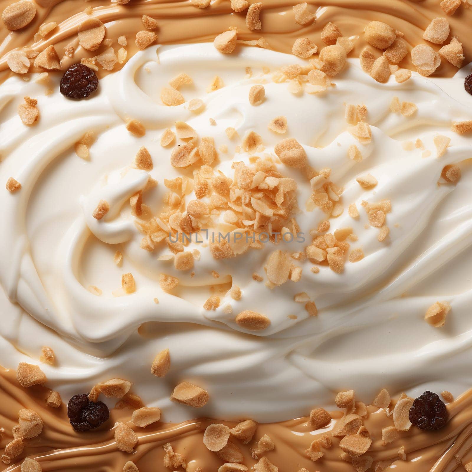 Background with whipped cream, caramel and granola. Generated by artificial intelligence by Vovmar