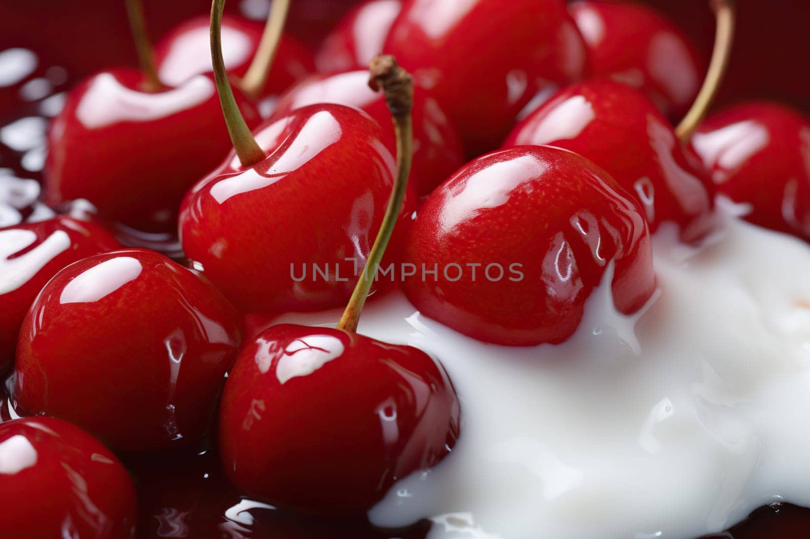 Ripe cherries in yogurt close-up. Generated by artificial intelligence by Vovmar