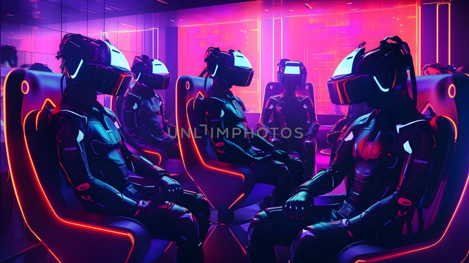group of people in vr glasses and uniform, generative ai. High quality photo