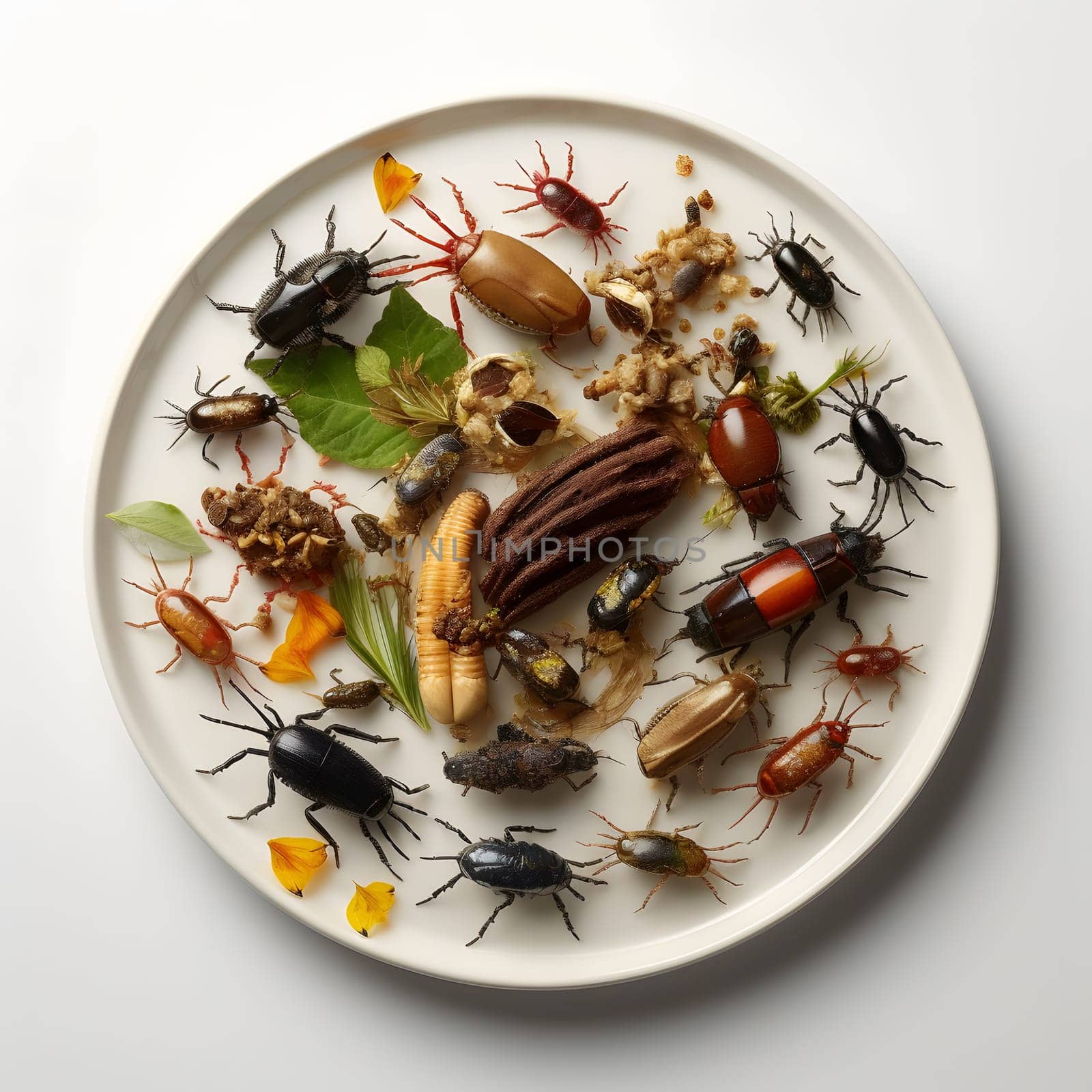 white plate full of mutant bugs, generative ai. High quality photo