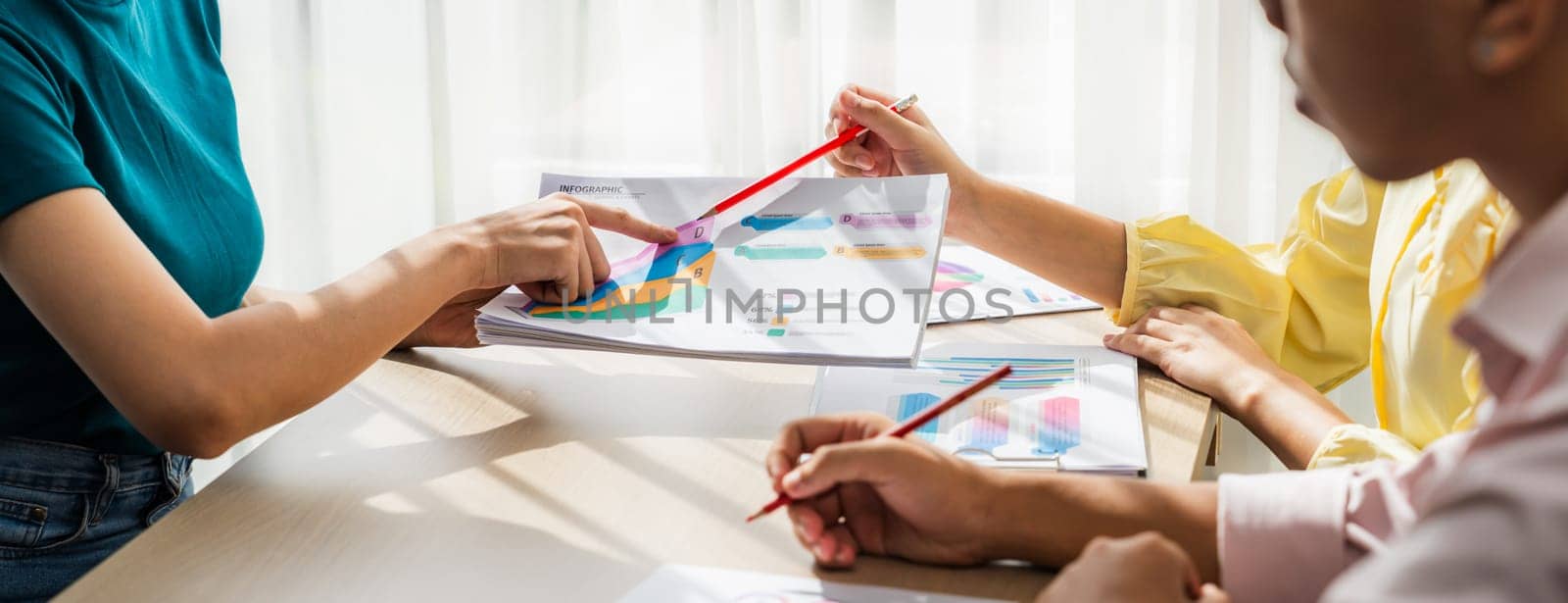 Startup company employee working together, analyzing BI dashboard paper on financial data report and planning strategic marketing for business success in panorama banner. Synergic