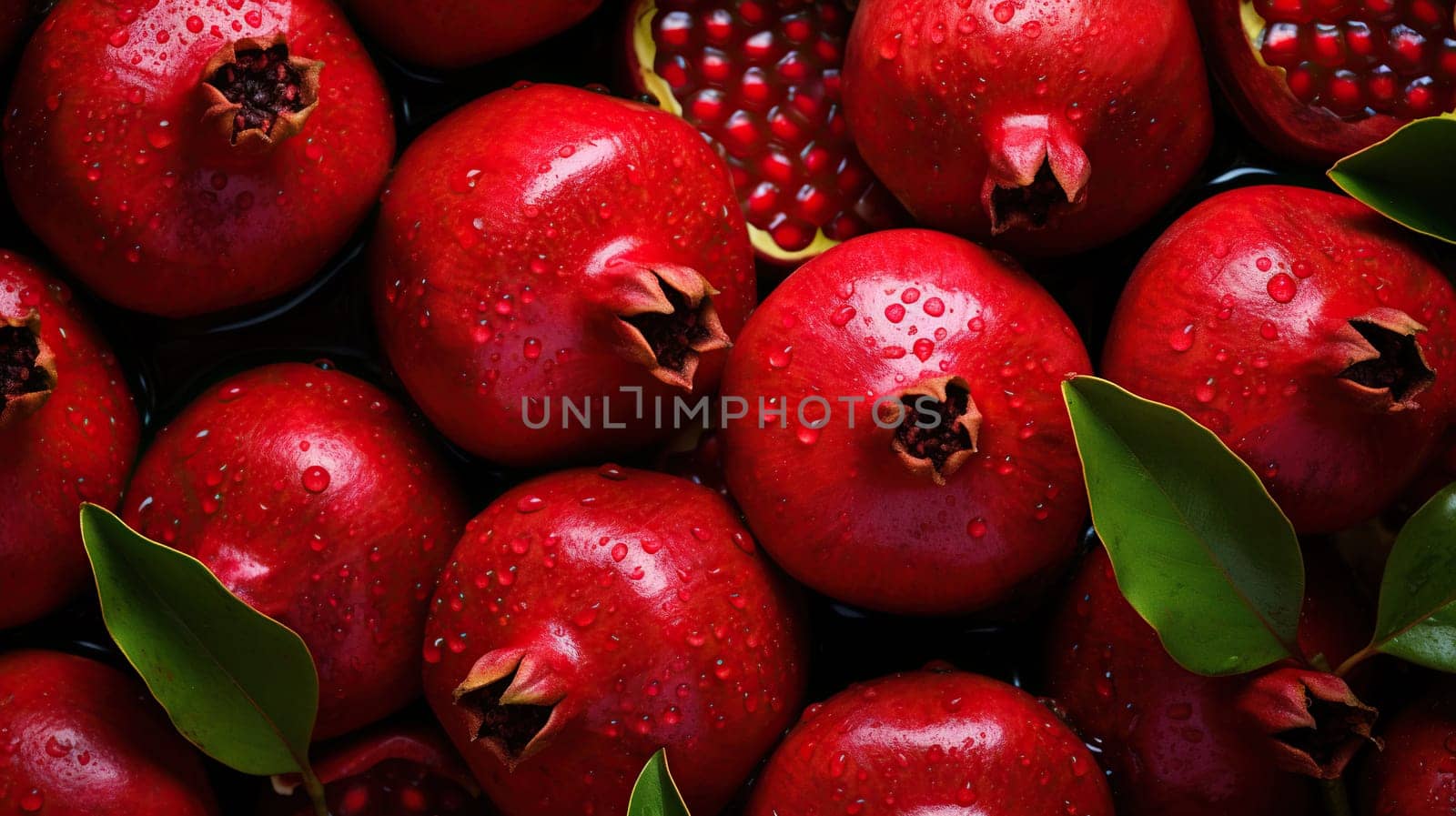 A bunch of ripe ruby garnets, pomegranates in a splash of water. Bright garnet background. Generated by artificial intelligence by Vovmar